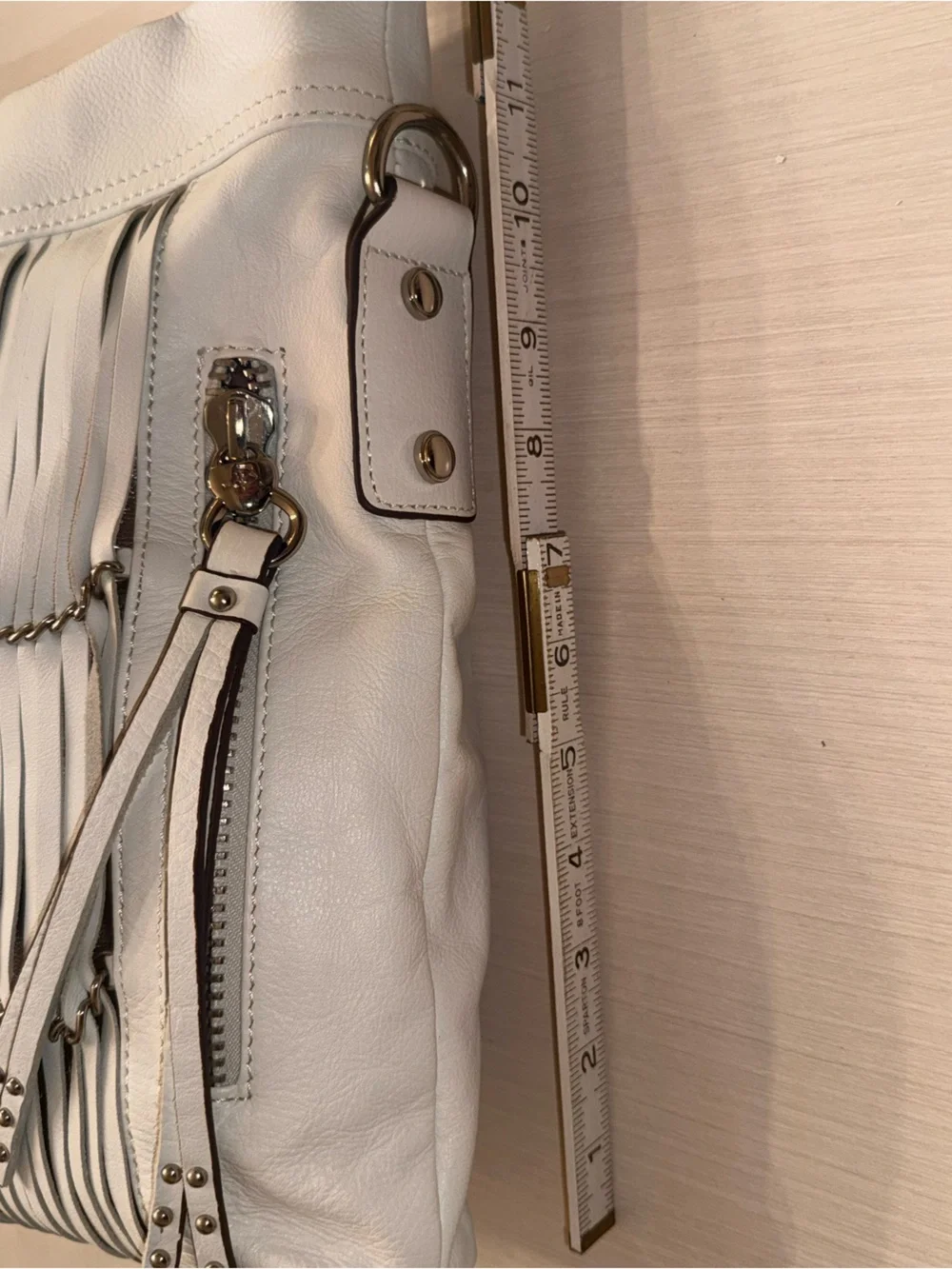 B. Makowsky Alexis White Leather Fringe Chain Hobo Shoulder Bag Large
